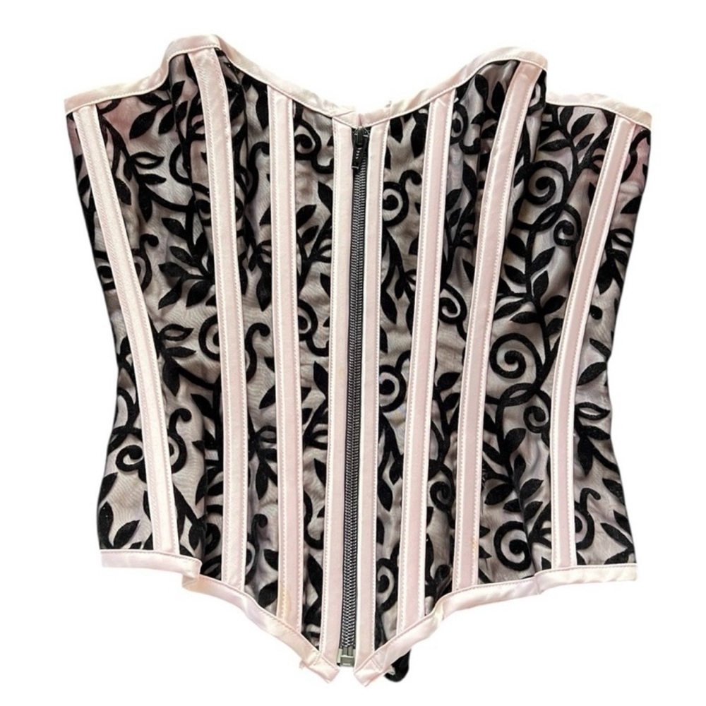 Vintage Y2K HOSS International Pink Black Lace Up Corset Velvet Bustier Size M